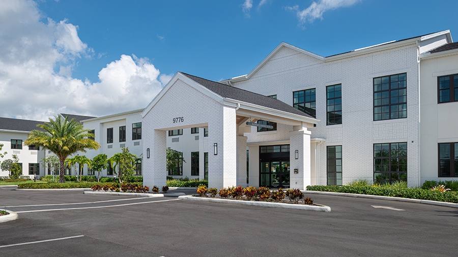 Front entrance at American House Boynton Beach, a retirement home in South Florida