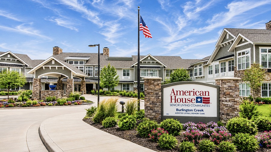 Front entrance at American House Burlington Creek Assisted Living and Memory Care Facility in Kansas City, MO