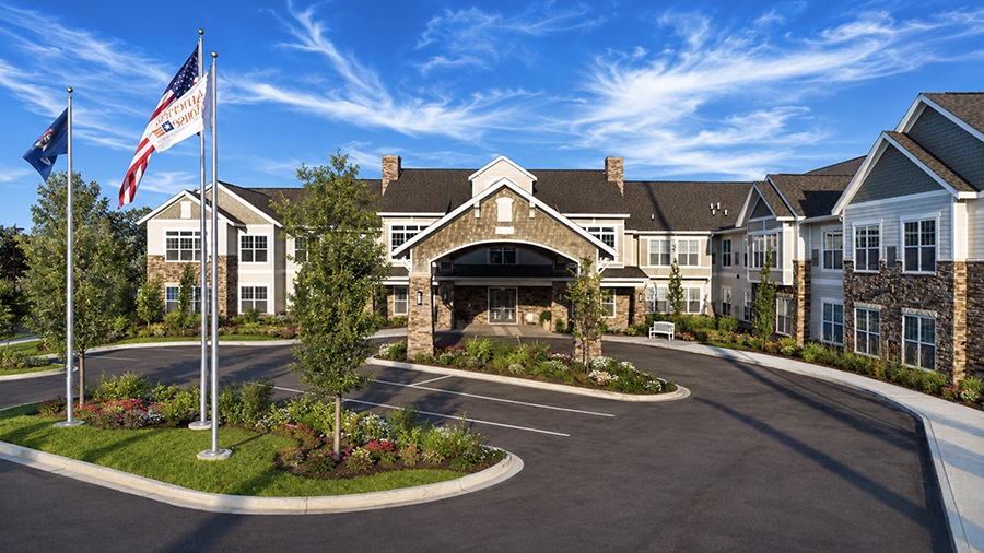 Driveway and front entrance at American House Hampton Village assisted living and memory care facility in Rochester Hills, MI
