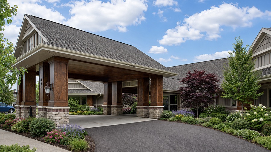 Front entrance at American House Jenison senior living facility in Jenison, MI