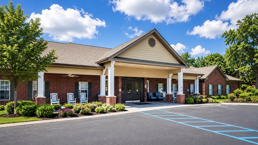 Front entrance and driveway at American House Shallowford, a senior living community with assisted living and memory care in Shallowford, Tennessee