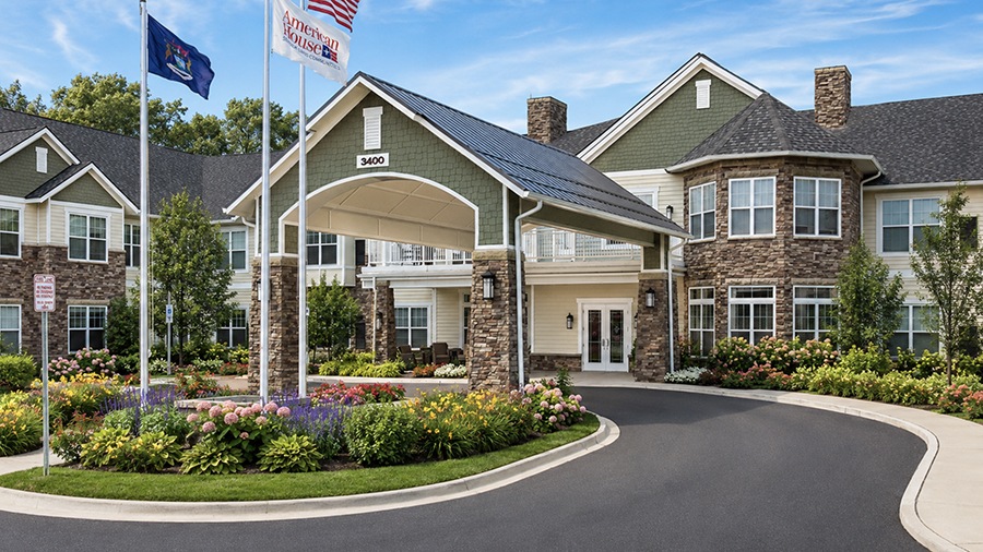 Front entrance and driveway at American House Somerset assisted living and memory care facility in Troy, MI