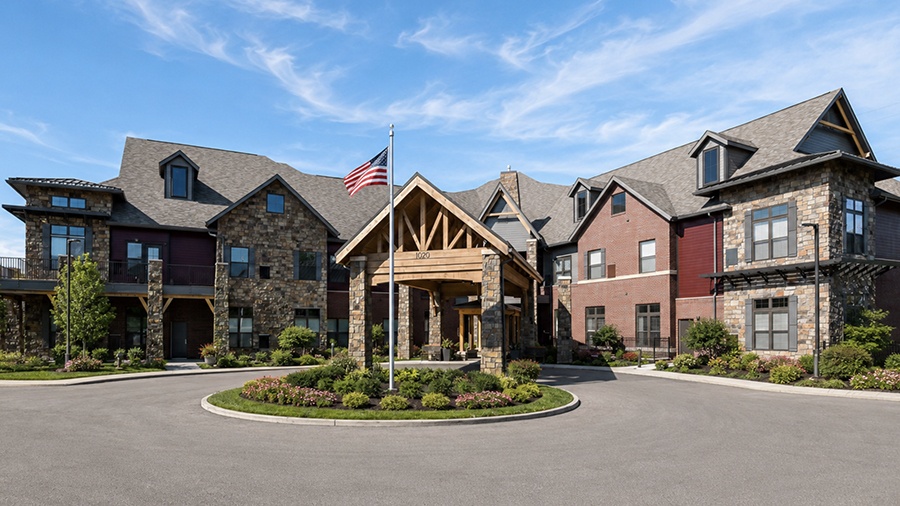 Front driveway and entrance at American House Town and Country memory care and assisted living facility in Town and Country, MO