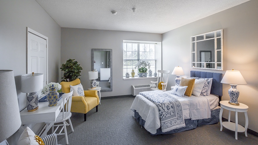 Model bedroom in an apartment at American House Johnson City Assisted Living and Memory care facility in Johnson City, TN