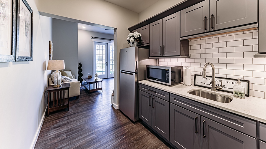 Kitchen in an apartment at American House Mount Prospect assisted living and memory care facility in Mt. Prospect, IL