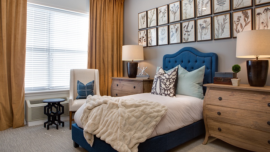 Bedroom at an apartment at American House Somerset assisted living and memory care facility in Troy, MI