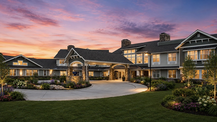 Front entrance during sunset at American House Burlington Creek Assisted Living and Memory Care Facility in Kansas City, MO
