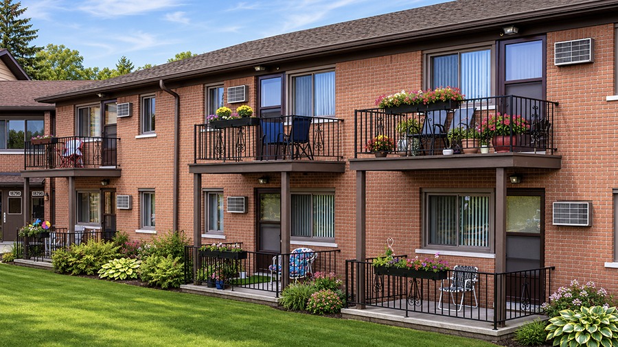 Exterior photo of balconies at American House East II, a senior living community in Roseville, Michigan