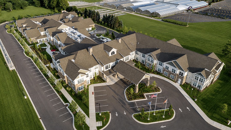 Aerial view of American House Hampton Village assisted living and memory care facility in Rochester Hills, MI