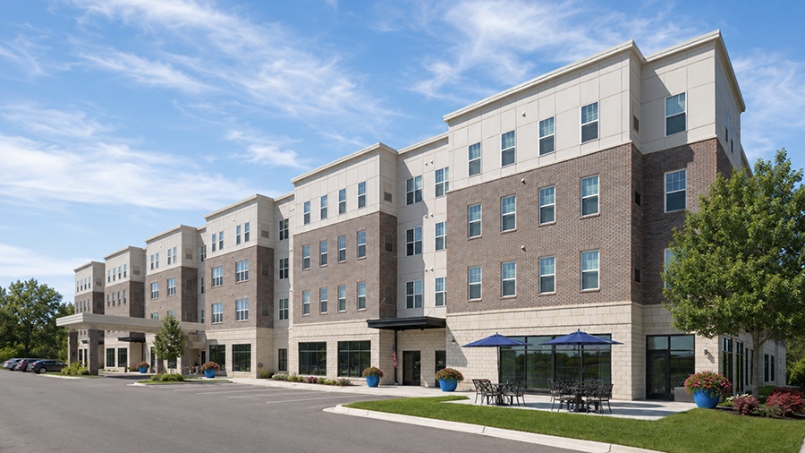 Front facade of American House Meridian Township, a senior living community