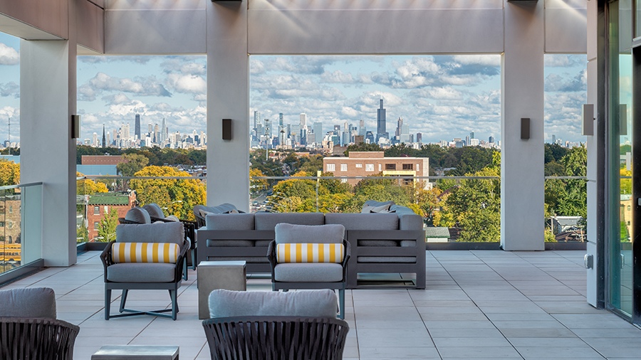 Bistro terrace with a view of Downtown Chicago at American House Oak Park, a luxury retirement home in Oak Park, Illinois
