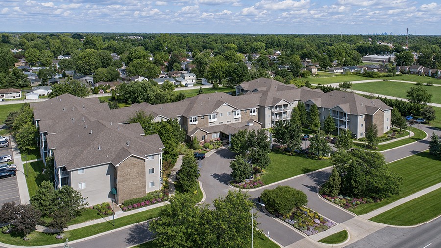 Aerial frontal view of American House Southland independent living in Taylor, MI.