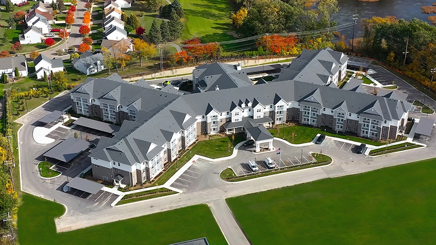 Aerial view of American House Village at Bloomfield Senior Living Community