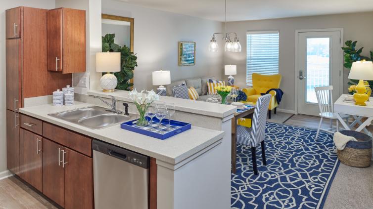 Model Kitchen and Living Room at American House Village at Bloomfield Senior Living Community