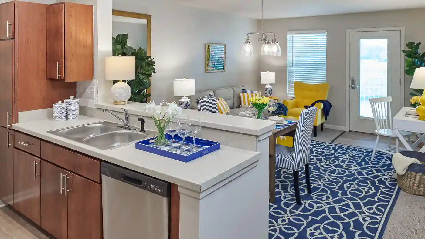 Model Kitchen and Living Room at American House Village at Bloomfield Senior Living Community