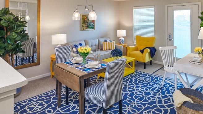 Model Living Room at American House Village at Bloomfield Senior Living Community