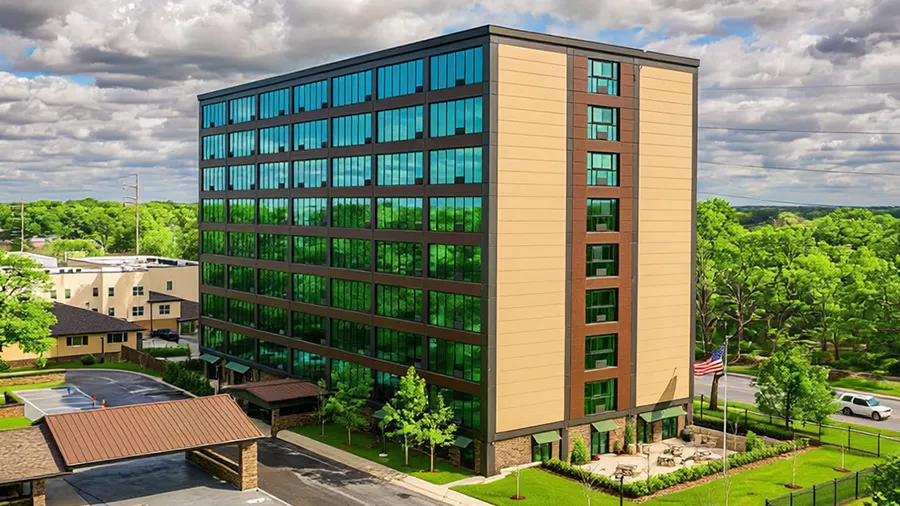 Aerial view of American House St. Anthony's Independent Living, Assisted Living, and Memory Care senior living facility in Kansa City, MO