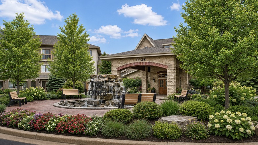Patio and fountain at American House Jenison senior living facility in Jenison, MI