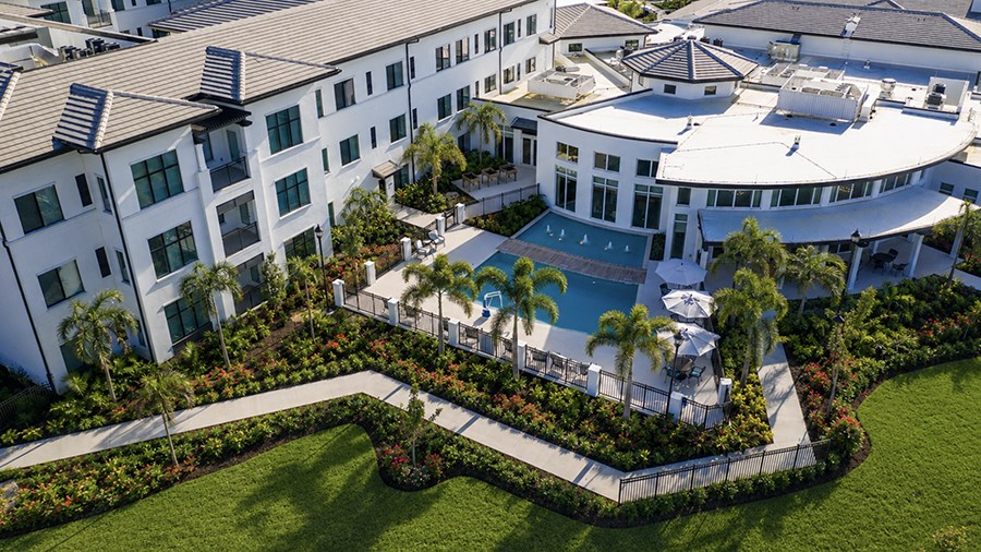 Aerial view of pool American House Naples assisted living and memory care facility