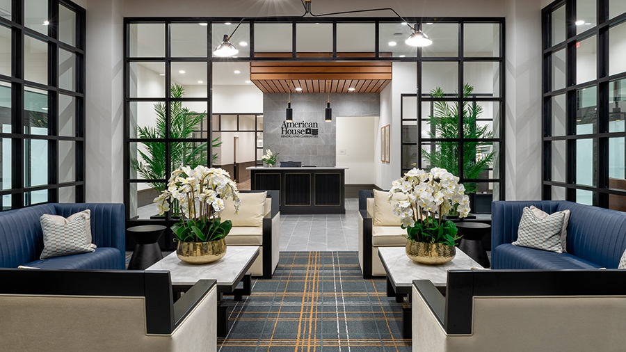 Front lobby and conceirge at American House Oak Park, a luxury retirement home in Oak Park, Illinois