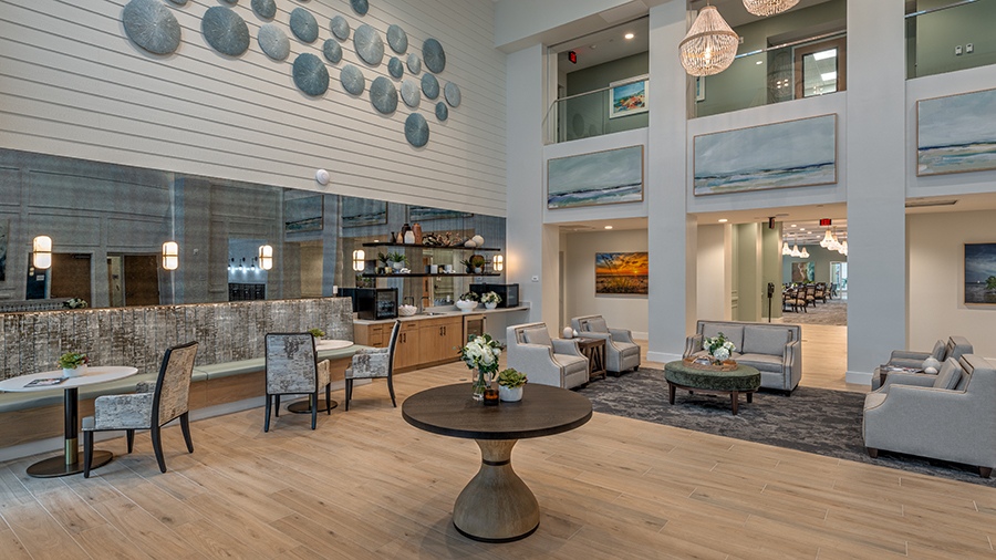 Atrium and lobby at American House Boynton Beach, a retirement home in South Florida