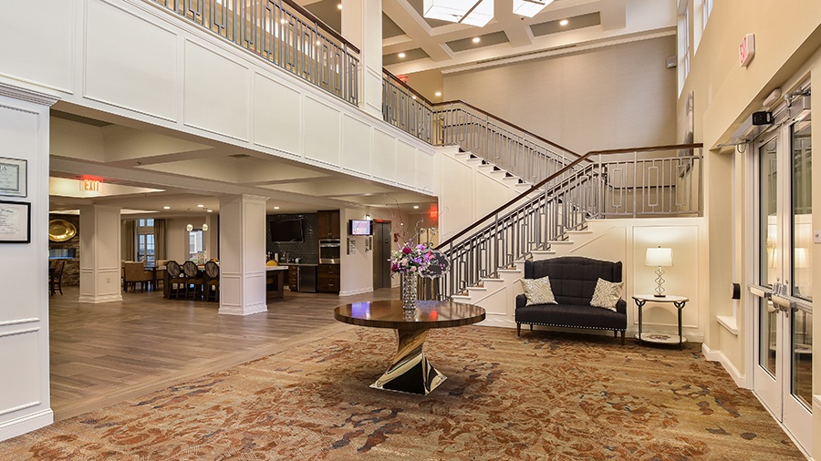 Front atrium and lobby at American House Burlington Creek Assisted Living and Memory Care Facility in Kansas City, MO