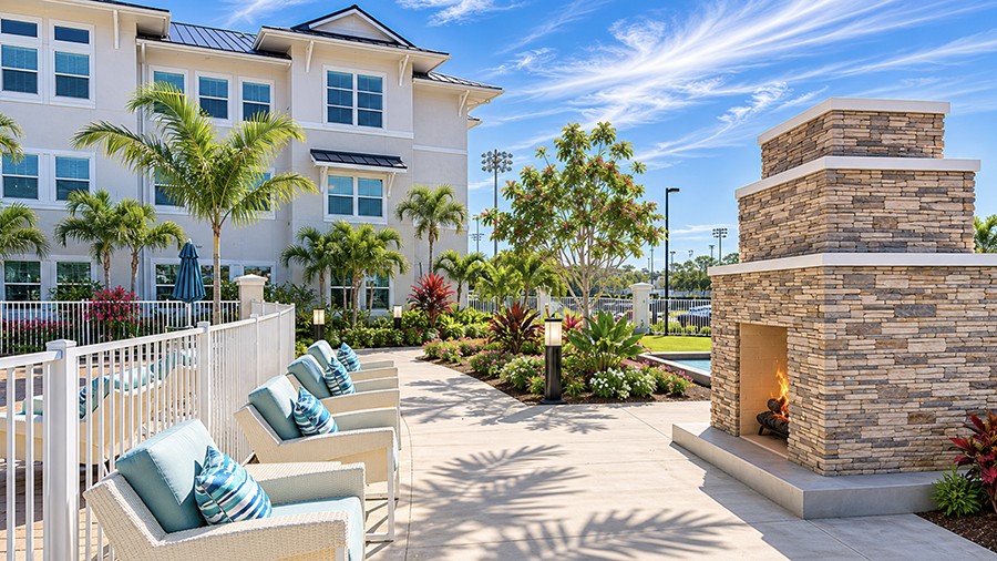 Outdoor fireplace at American House Ft. Myers assisted living and memory care facility in Fort Myers, FL