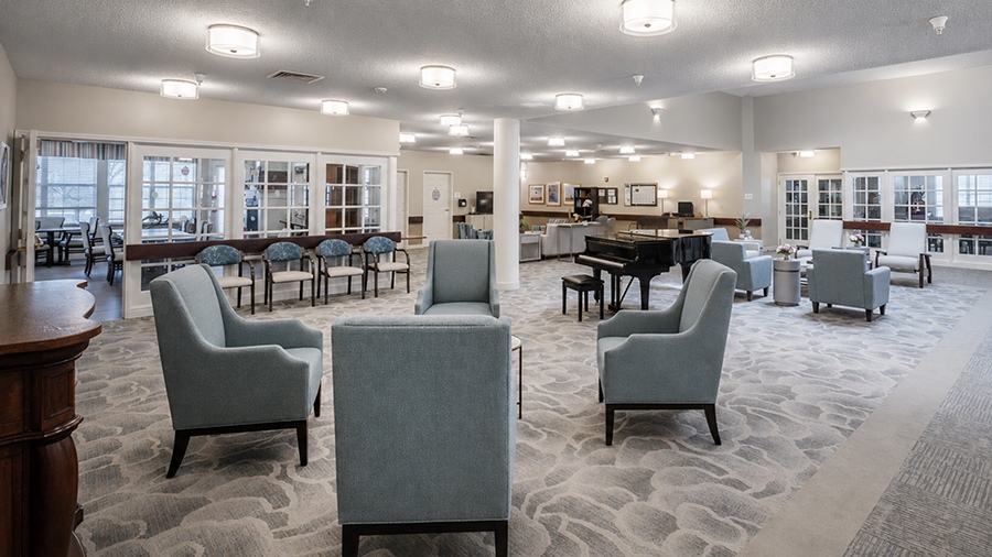 View of lobby and dining room at American House Johnson City Assisted Living and Memory care facility in Johnson City, TN