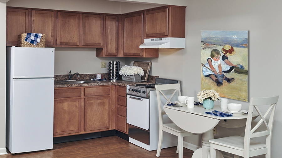 Model kitchen in an apartment at American House East II, a senior living community in Roseville, Michigan