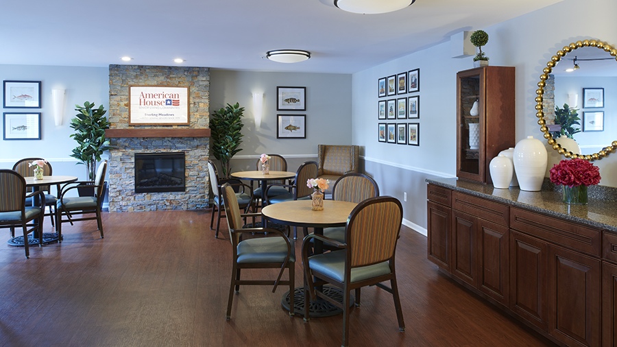 Bistro with fireplace at retirement home in South Sterling Heights, Michigan