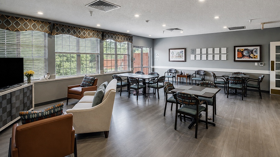 Bistro and TV lounge at American House Johnson City Assisted Living and Memory care facility in Johnson City, TN