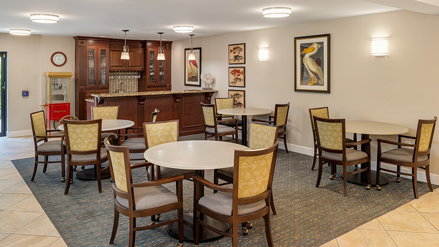 Bistro with popcorn machine and coffee bar at American House Sarasota Senior Living Community