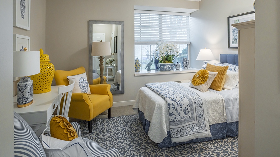 Model bedroom in an apartment at American House Kingsport Assisted Living and Memory care facility in Kingsport, TN