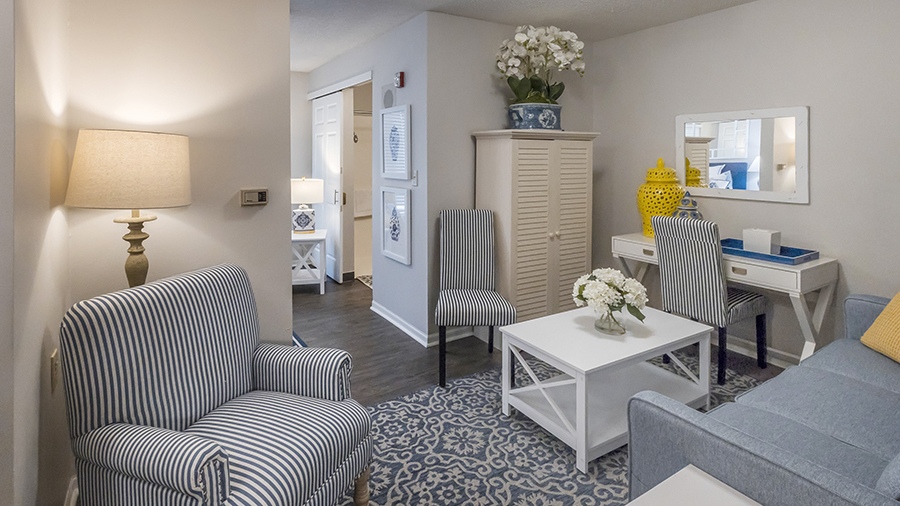 Living room in a model apartment at American House Lebanon memory care and assisted living facility in Lebanon, TN