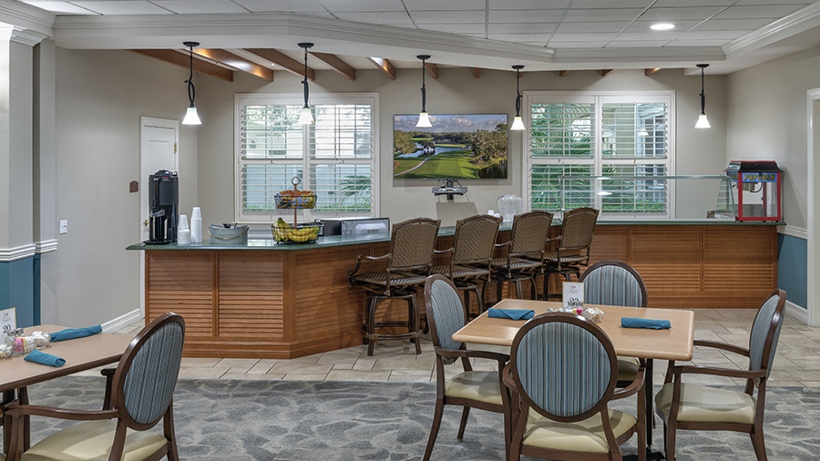 Casual bistro with snacks and drinks at American House assisted living and memory care facility in Zephyrhills, FL