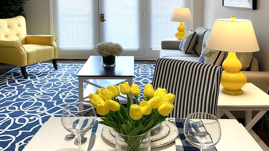Model Living Room at American House Carpenter independent and assisted senior living facility