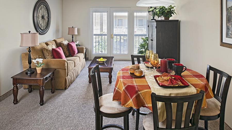 Model Living Room and Dining Room at American House Carpenter independent and assisted senior living facility