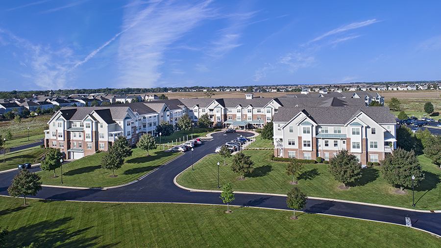 Front aerial view of American House Cedarlake independent and assisted living facility
