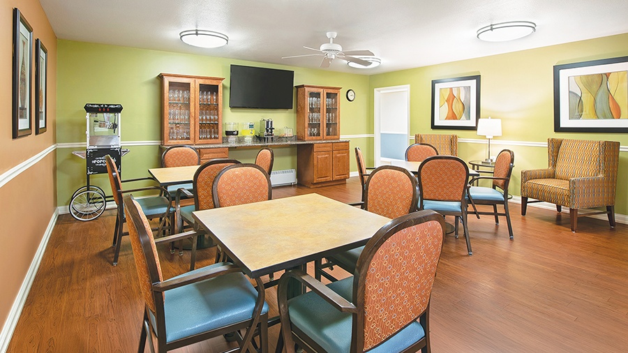 Bistro with popcorn machine and beverages at American House Charlevoix senior and assisted living facility
