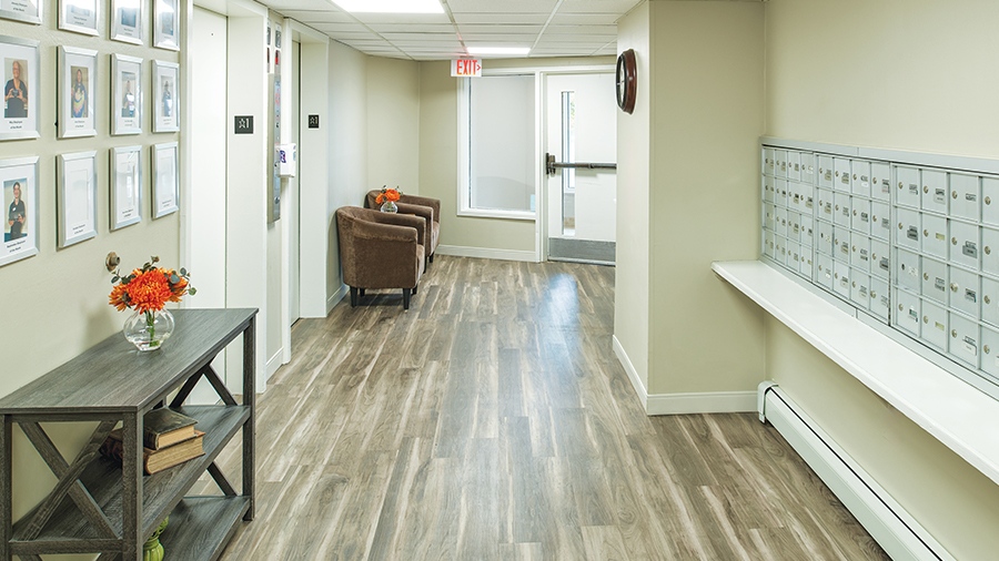 Mailboxes and elevator at American House Grand Blanc assisted living community