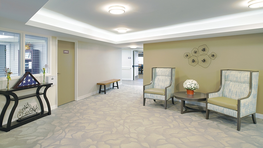 Lobby and office at entry of American House Grand Blanc assisted living community