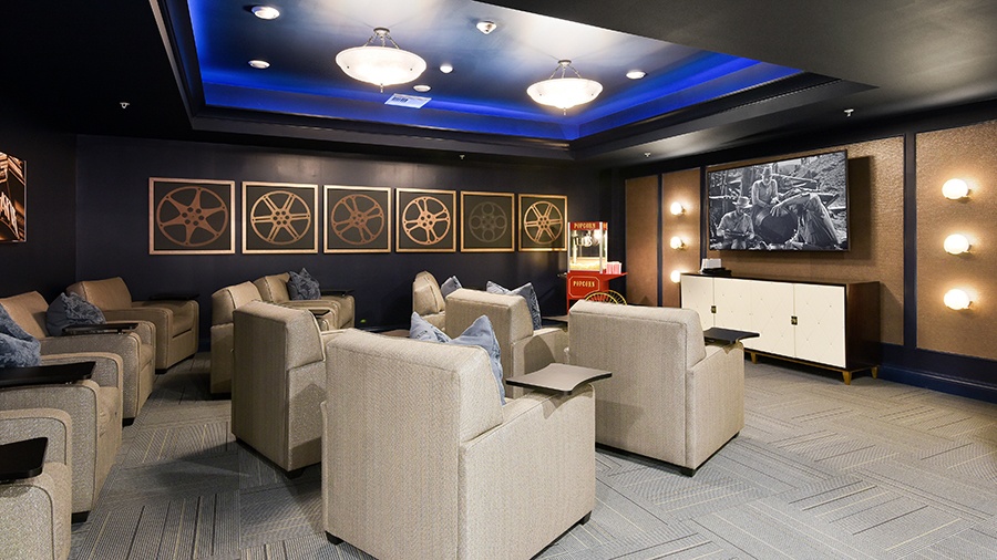 Movie theater at American House Hampton Village assisted living and memory care facility in Rochester Hills, MI