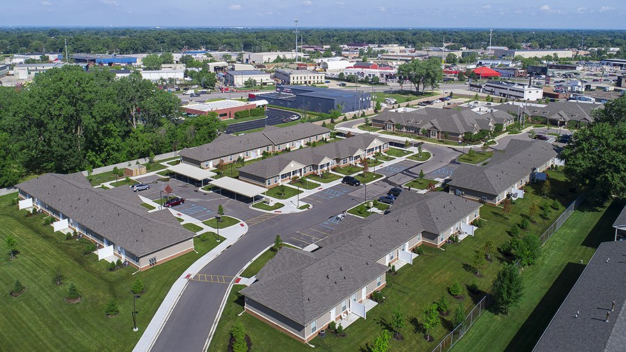 Aerial view of American House East I Villas independent senior living in Roseville, MI
