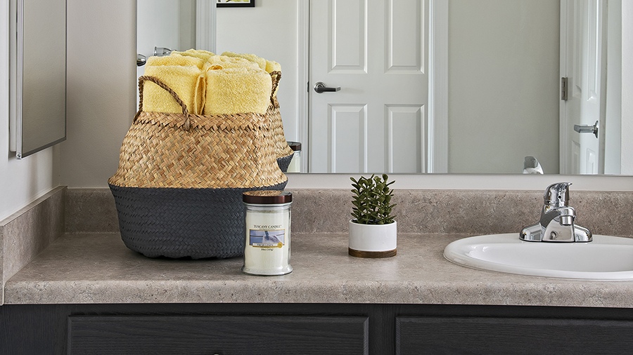 Model bathroom counter in an apartment at American House East I Villas independent senior living in Roseville, MI