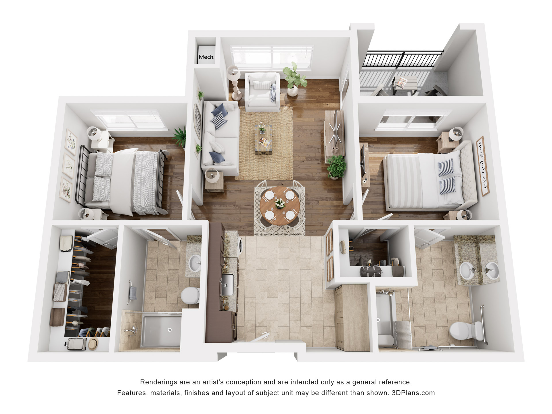2 br Assisted Living floor plan with balcony at American House Naples
