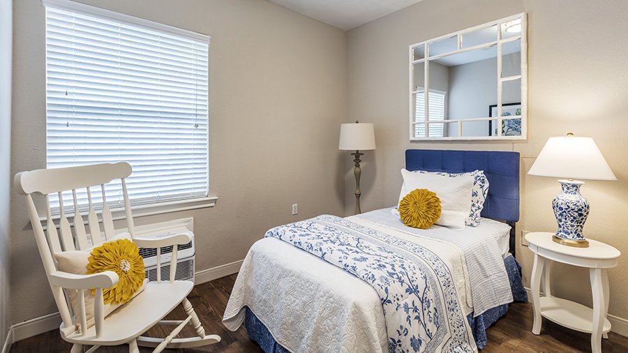 Model bedroom at American House Bartlett assisted living facility in Bartlett, TN