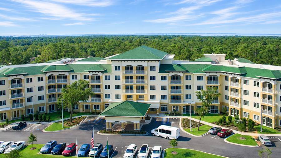 Aerial view of American Bluewater Bay, a senior living community in Niceville, FL