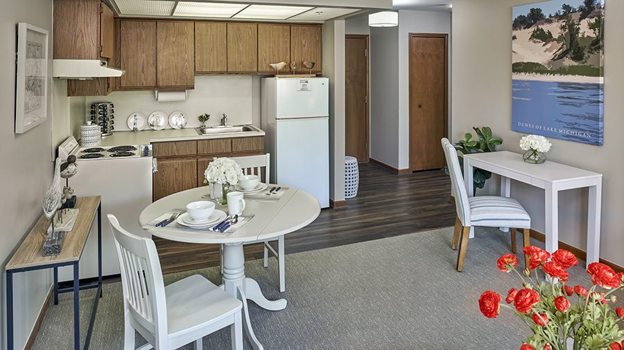 Model kitchen at American House East I independent living and assisted living facility in Roseville, MI