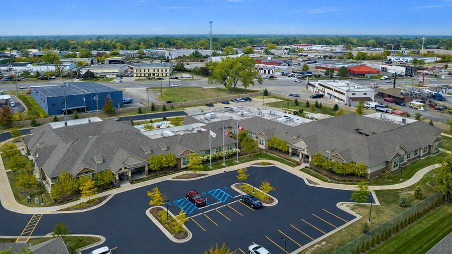 Aerial view of American House Freedom Place Roseville, a memory care community in Roseville, Michigan
