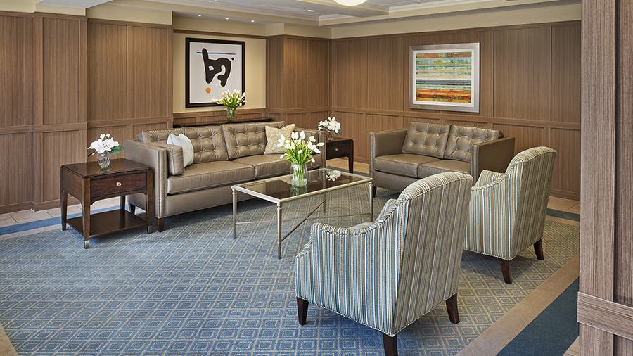 Cozy lobby at American House Grosse Pointe Cottage Senior Living Facility